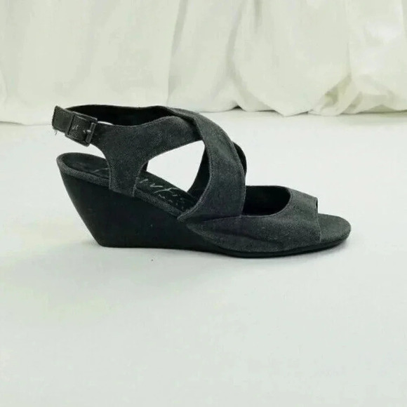 Blowfish Sz 9 Womens Charcoal Gray Denim Canvas Cross Strap Wedge Heel Slingback - Picture 2 of 12